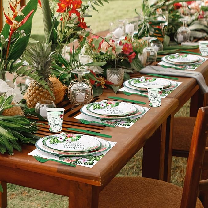 350 Pcs Tropical Wedding Bridal Shower Paper Plate Palm leaf Napkin Cup Hibiscus flower Disposable Tableware Set With Knives Fork Cheers to Love Bachelorette Party Favor for 50 Guest