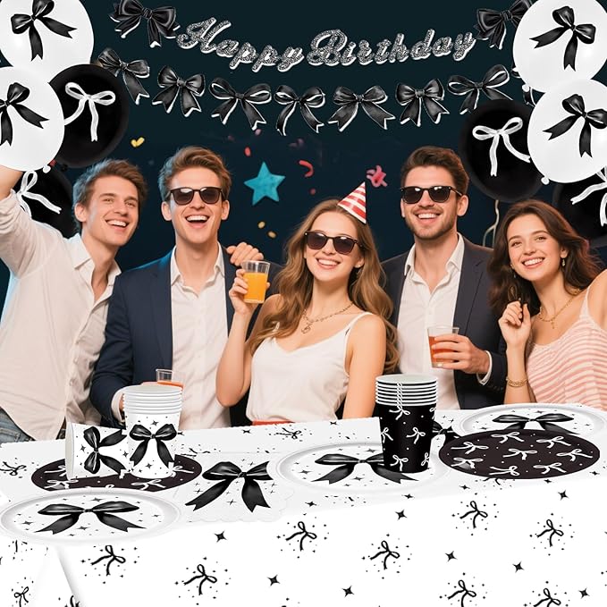 102pcs Black Bow Birthday Party Coquette Decorations Includ Black and White Balloons Banner Paper Plates Napkins Cups Tableware Set with Tablecloth Serve 20 Guests