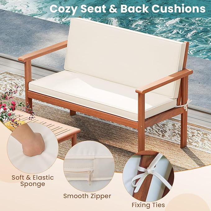 Tangkula Acacia Wood Patio Conversation Set, Outdoor Wooden Cushioned Chairs & Slatted Coffee Table Set,for Backyard, Porch, Balcony, Poolside and Lawn (Off White,2)