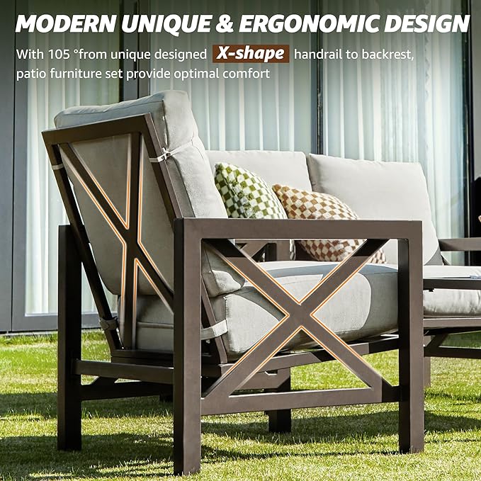 NATURAL EXPRESSIONS 4 Pieces Patio Furniture Set, Outdoor Furniture Sofa Sectional Modern Metal Patio Conversation Set with High Back Backrest & 3 Seater Loveseat and 2 Motion Rocker