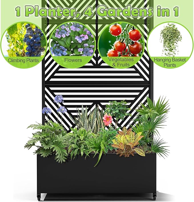 15.7"×70.9"×35.4" Metal Raised Garden Bed with Trellis and Wheels - Tall Trellis Planter Box for Climbing Plants, Vegetables & Vines - Outdoor Privacy Planters for Patio (Black-Zodiac)