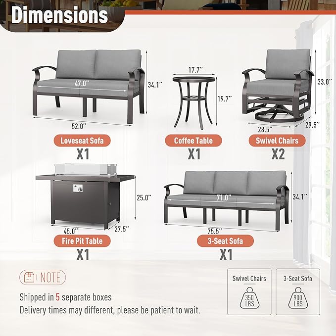 Kurapika Aluminum Patio Furniture Set 7-Seat Modern Metal Outdoor Conversation Sets w/45in Propane Fire Pit Table, Swivel Rocking Chairs Patio Sectional Sofa Loveseat Sofa, Grey