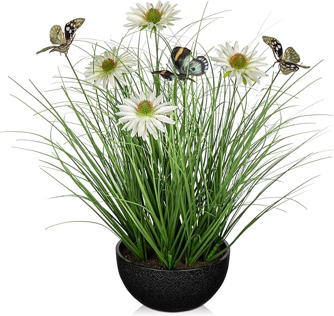 Artificial Plants Indoor with Pot, 17.3" Fake Potted Plants Artificial Onion Grass Plant with White Daisies Flowers and Butterflies Small Faux Plant Indoor for Home Living Room Table Shelf Decor