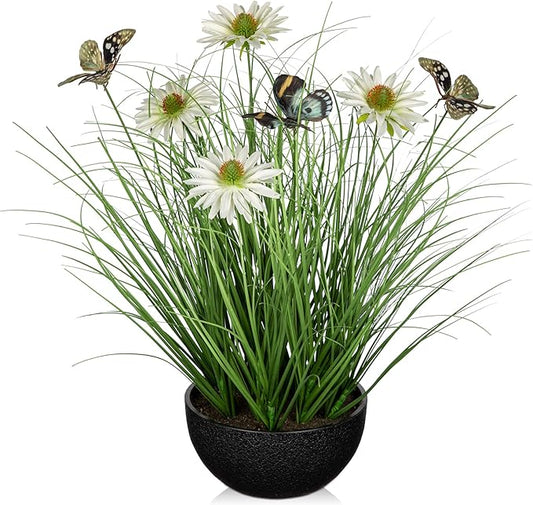 Artificial Plants Indoor with Pot, 17.3" Fake Potted Plants Artificial Onion Grass Plant with White Daisies Flowers and Butterflies Small Faux Plant Indoor for Home Living Room Table Shelf Decor