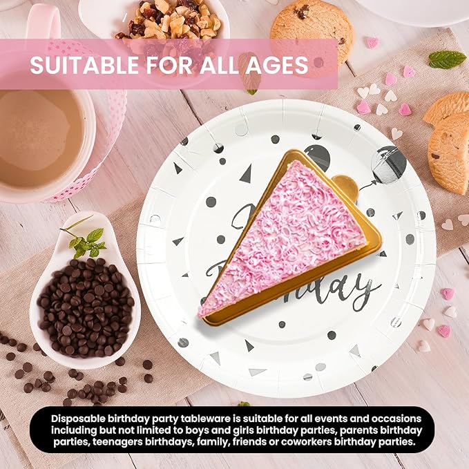 75PCS Happy Birthday Paper Plates - 7 Inch White Sliver Dot Paper Plates and 6.5 Inch Napkins with 6.3 Inch Sliver Forks Disposable Tableware Set for Birthday Party Decorations, Serve 25