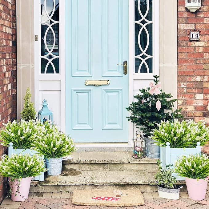 12 Bundles Artificial Plants Outdoor, 18.2" UV Resistant Faux Monkey Grass Greenery Stems No Fade Faux Plastic Flowers Shrubs for Home Weddings Garden Porch Front Patio Office Decor- White