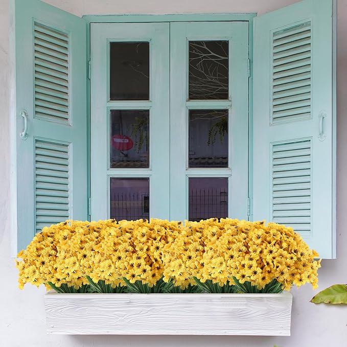 22 Bunches of Outdoor Artificial Flowers, UV Resistant Fake Flowers Artificial Silk Flowers with Plastic Plants for Indoor Outdoor Front Porch Hanging Planter Decoration (22, Yellow)