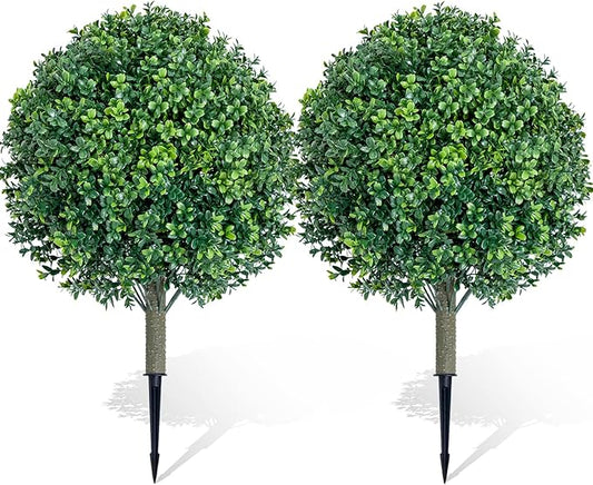 27" Artificial Boxwood Topiary Ball Fake Bushes-Trees UV Resistance shrubs Rated with Spike Easy to Push in The Ground.Plant Looks Great in a Planter Anywhere. Indoor/Outdoor Decor 2 Pack