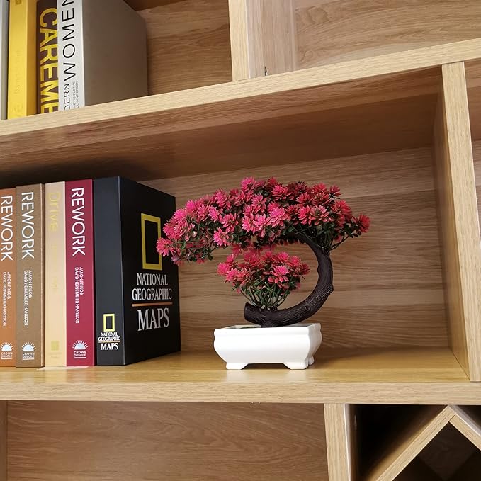 Small Artificial Plants Greenery Desktop Bonsai - Magenta Fake Plants for Home Decor Indoor Bookshelf Office Desk Bathroom Room Decor, Tall 8.5"