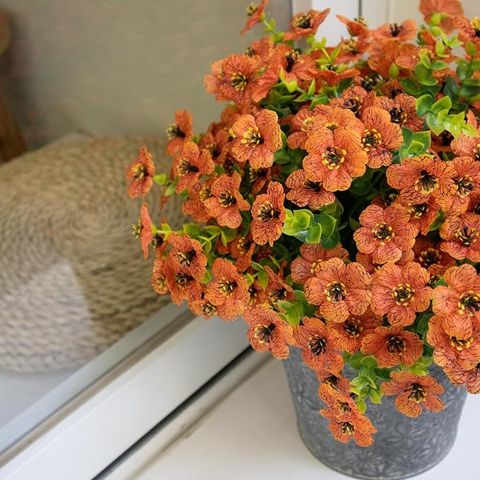 Fall Artificial Flowers for Outdoors, 10 Bundles UV Resistant Artificial Outdoor Flowers, Not-Fading Silk Faux Fall Flowers for Outdoor Planters for Home Garden Porch Decor, Orange