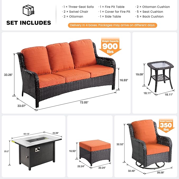 ovios 7 Pieces Patio Furniture Set, Outdoor Wicker Sofa Couch with Swivel Chairs 42" Fire Pit Table, All Weather High Back Modern Conversation Sets, Brown Rattan, Orange Red