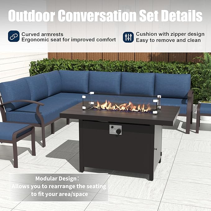 Kurapika Patio Furniture Set 10-Piece Aluminum Sectional Sofa with Armrest, Modern Outdoor Conversation Set w/55000 BTU Propane Fire Pit Table, Metal Corner Sofa with Ottoman, Navy Blue