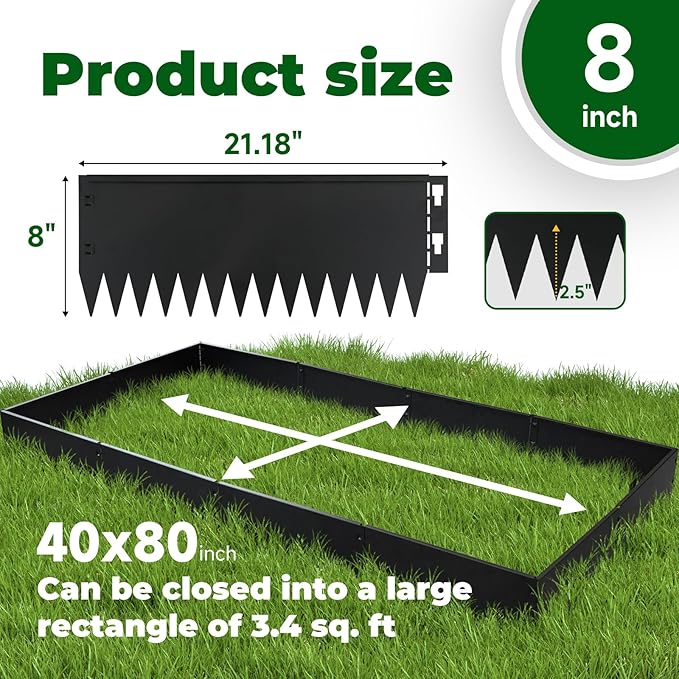 Metal Lanscape Edging 20“ L * 8” H Strips Black Steel Edging for Lanscape 12pcs for Enhanced Garden, Yard, Park, DIY Outdoor Patio (Black, 8 inch)