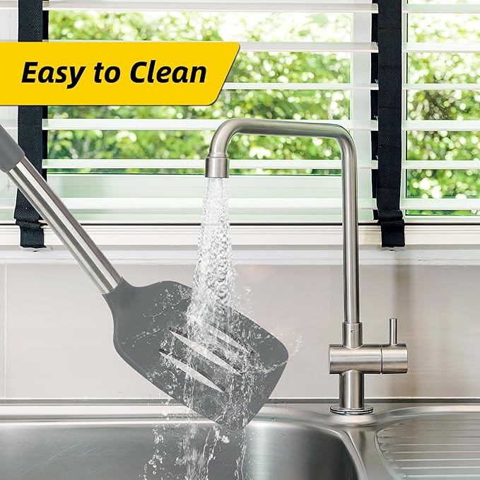 4 Pack Silicone Utensils Set, Non Stick Solid Spatulas, Heat Resistant Blue Slotted Spoons with Stainless Steel Handle, BPA Free Cooking Turner for Stir-Fry, Frying, Mixing, Serving,Draining,Turning