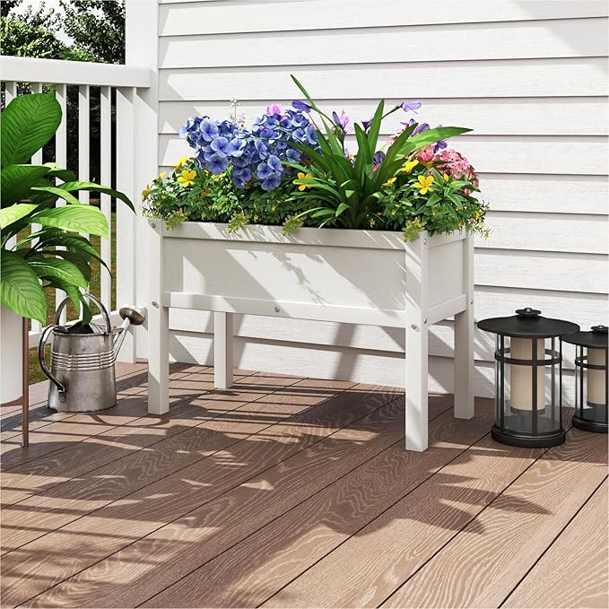 Small HDPE Raised Garden Bed, Elevated Planter Box with Legs, Outdoor All-Weather Planter Raised Beds for Seeds, Herb, Flower, Vegetable (White)