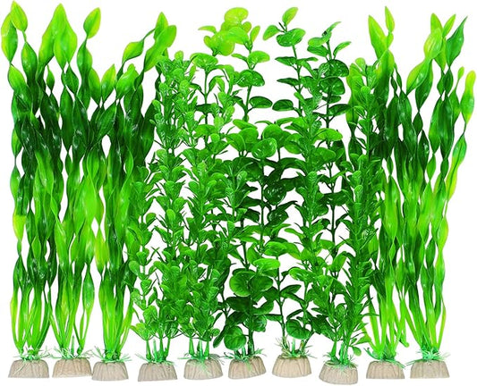AQUANEAT Artificial Fish Tank Plants, Green Plastic Aquarium Accessories, Multi Shape Fake Decorations, 10packs