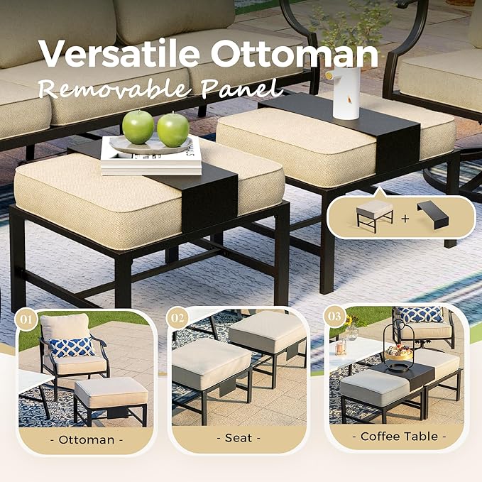 Patio Furniture Set 5 pcs, Outdoor Patio Furniture, 3-Seat Sofa, 2 Swivel Chairs, 2 Ottomans and 5.75" Extra Thick Cushion, Patio Conversation Set for Garden Backyard Deck,Beige