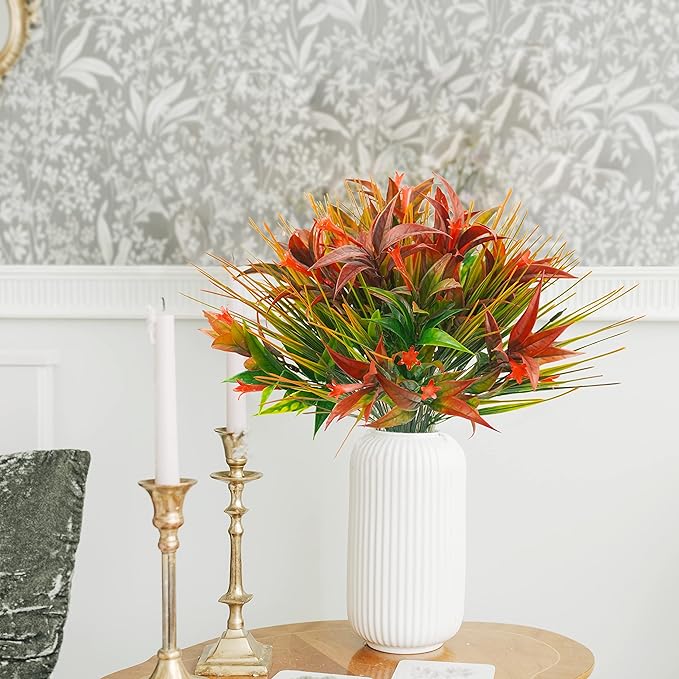 Uieke 6Pcs Outdoor Artificial Plants UV Resistant, Fake Morning Glory Flowers with Orange Grass, Tropical Flowers Fall Leaves Foliage for Garden Patio Sidewalk Décor Red