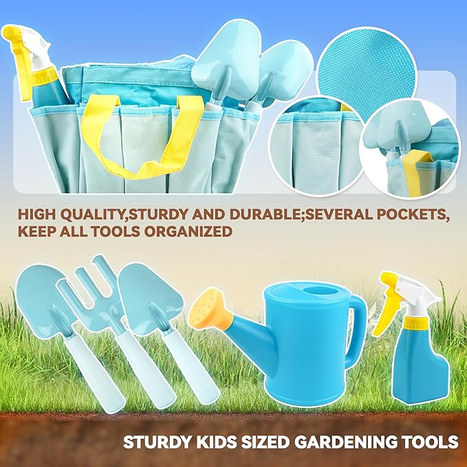SMILESSKIDDO Kids Gardening Set - Toddler Garden Tool Set with Shovel Rake Trowel, Apron Tote Bag Watering Can and Tool Bag, Ideal Kids Gardening Tools Toy for Boys and Girls (Blue)