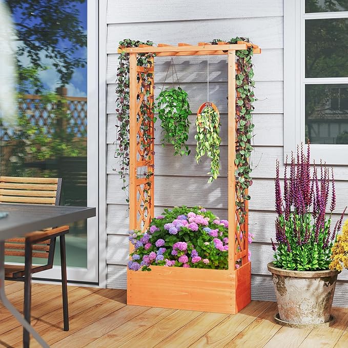S AFSTAR Raised Garden Bed with Trellis, 2 Pieces Wood Planter Box with Hanging Roof & Drainage Holes for Climbing Plants, Vines, Flowers & Vegetables, Indoor Outdoor Plant Container for Patio & Yard