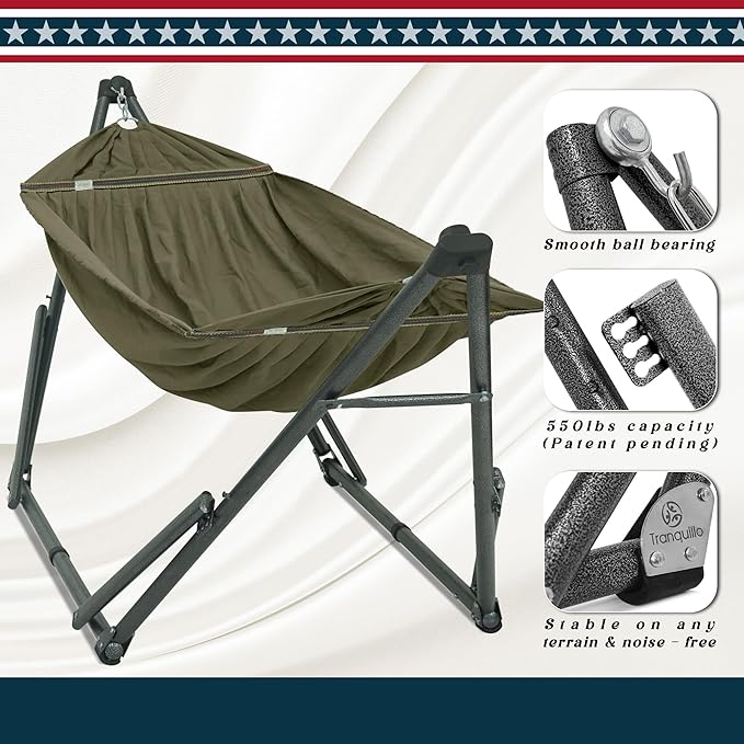 Tranquillo Uniki Collapsible Hammock Stand, Folding Camping Hammock and Stand, 550 lbs Capacity, Heavy Duty Folding Hammock for Indoor Outdoor, Quickly Assembly, Sage
