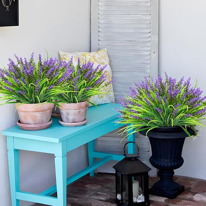 12 Bundles Artificial Plants Outdoor, 18.2" UV Resistant Faux Monkey Grass Greenery Stems No Fade Faux Plastic Flowers Shrubs for Home Weddings Garden Porch Front Patio Office Decor - Purple