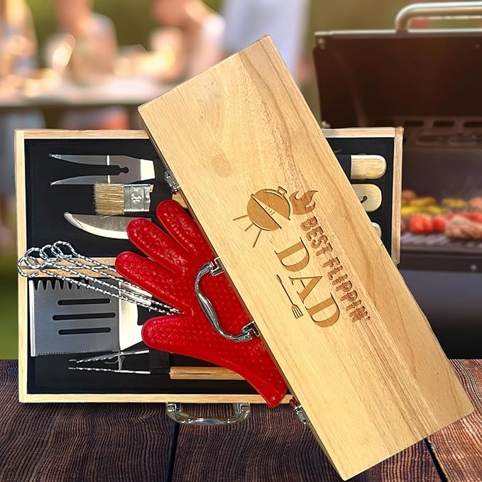 11-Piece BBQ Grilling Set with Engraved Maple Wood Box, Stainless Steel Tools with Wooden Handles, Ideal Gift for Dad on Birthday, Father’s Day - Best Flipping Dad