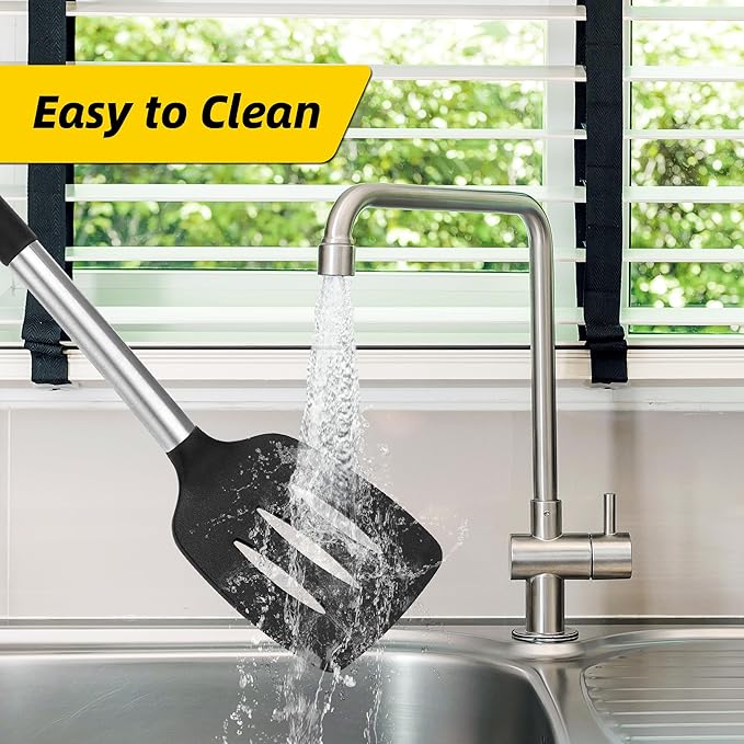 4 Pack Silicone Utensils Set, Non Stick Solid Spatulas, Heat Resistant Blue Slotted Spoons with Stainless Steel Handle, BPA Free Cooking Turner for Stir-Fry, Frying, Mixing, Serving,Draining,Turning