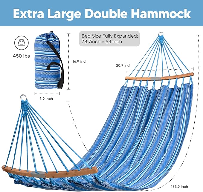 SUNCREAT Hammocks Double Hammock with Curved Spreader Bar, Outdoor Portable Hammock with Carrying Bag & Tree Straps for Bedroom, Patio, Backyard, Balcony, Max 450lbs Capacity, Blue