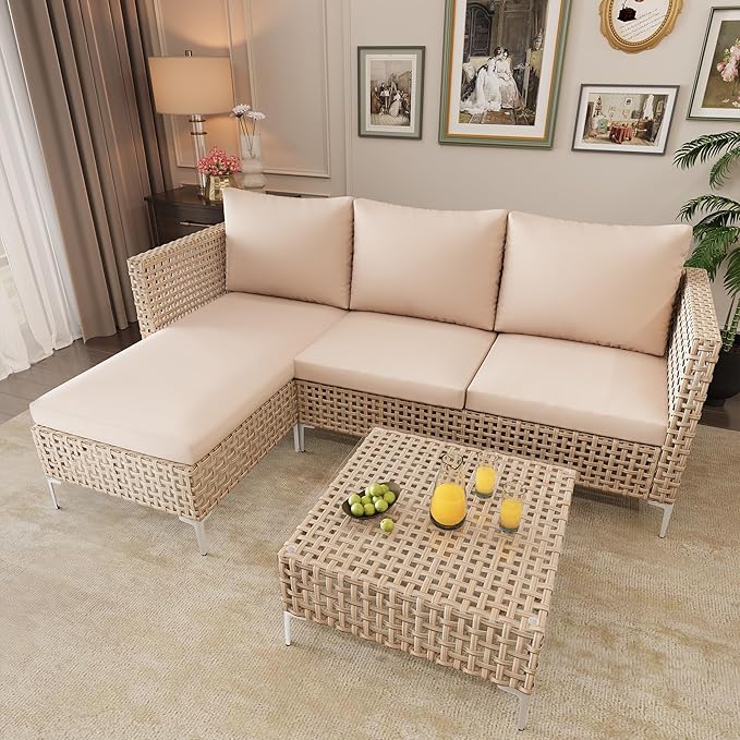 Wicker Small Patio Furinture Set, Rattan Sectional Sofa, Outdoor Couch Set with Comfy All-Weather Cushions and Coffee Table, Perfect for Porch, Backyard, Apartment, Balcony (Yellow/Beige)