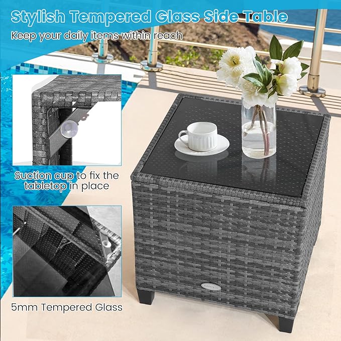 HAPPYGRILL 3 Pieces Patio Conversation Set, Outdoor Furniture Set PE Rattan Sofa Set with Removable Cushions, PE Wicker Chairs with Tempered Glass Side Table for Porch Lawn Garden Balcony Backyard