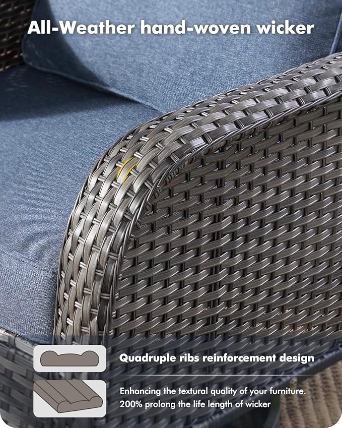 7-Piece Wicker Patio Furniture Set, All-Weather Rattan Conversation Bistro Loveseat Chair and Patio Rockers Set for Backyard, Balcony and Deck with Soft Cushions and Metal Table(Blue)