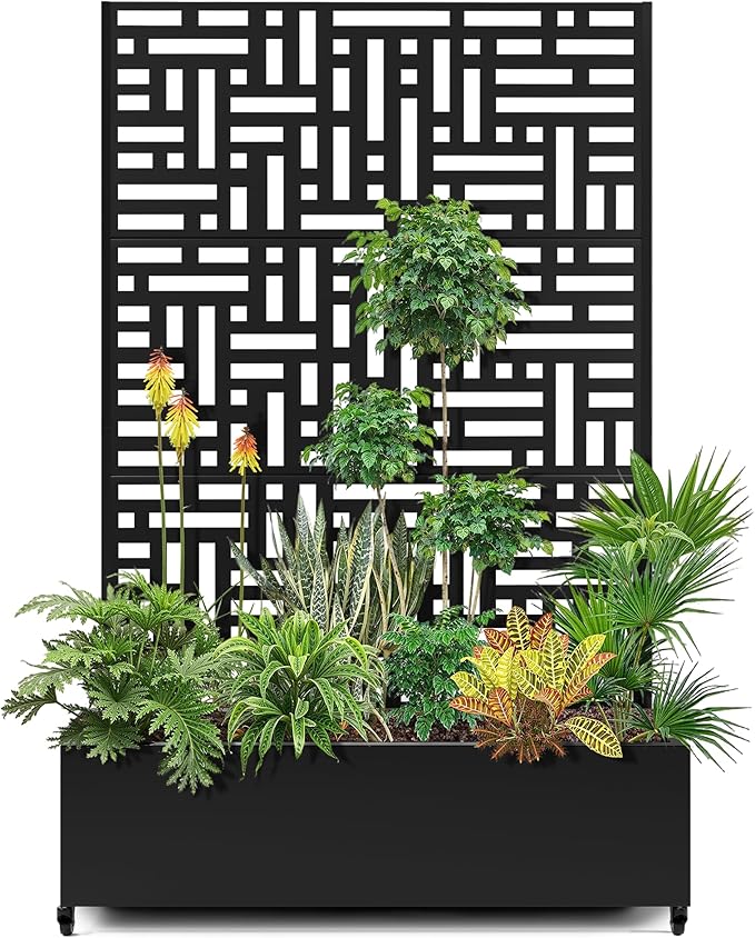 15.7"×70.9"×47.2" Metal Raised Garden Bed with Trellis and Wheels - Tall Trellis Planter Box for Climbing Plants, Vegetables & Vines - Outdoor Privacy Planters for Patio (Black-Helen)