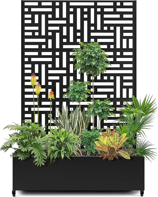 15.7"×70.9"×47.2" Metal Raised Garden Bed with Trellis and Wheels - Tall Trellis Planter Box for Climbing Plants, Vegetables & Vines - Outdoor Privacy Planters for Patio (Black-Helen)