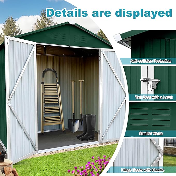 6ft x 4ft Outdoor Storage Shed Apex Roof Tool Shed Outdoor Storage Metal Garden Sheds Tool Cabinet with Galvanized Steel Construction for Backyard, Patio, Poolside, Green