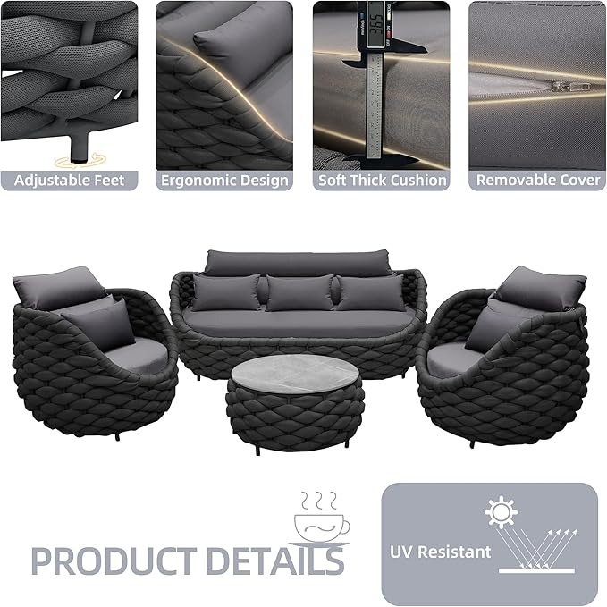 TWT 6-Piece Patio Furniture Set, Modern Outdoor Conversation Set Aluminum Sectional Sofa with Water Repellent Thick Cushions and Coffee Tables, Dark Grey