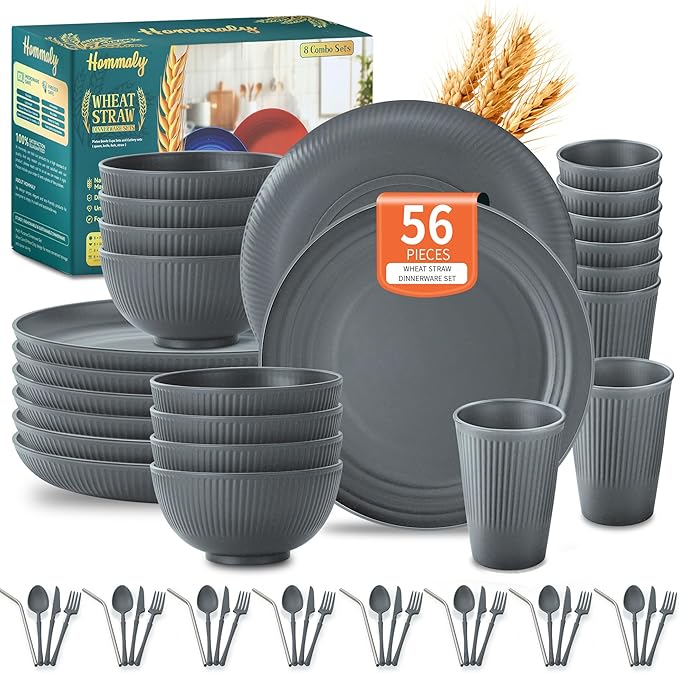 Wheat Straw Dinnerware Sets,56-Piece Plates and Bowls Sets for 8-Unbreakable,Reusable Plastic Dish Set-Dinner Plate/Cereal Bowl/Cup/Utensils-Microwavable Dishwasher Safe 56P-Deep Gray