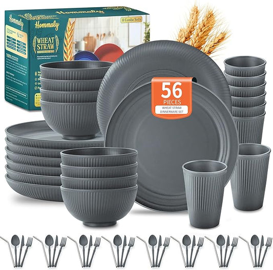Wheat Straw Dinnerware Sets,56-Piece Plates and Bowls Sets for 8-Unbreakable,Reusable Plastic Dish Set-Dinner Plate/Cereal Bowl/Cup/Utensils-Microwavable Dishwasher Safe 56P-Deep Gray