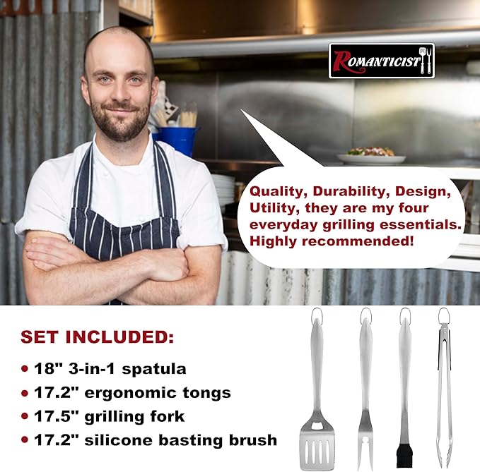 ROMANTICIST 4pcs Heavy Duty Grill Accessories for Top Chef - Professional Grill Tools Set & Basic BBQ Tools for Backyard Restaurant Outdoor Kitchen - Deluxe Grill Gift for Dad on Father’s Day Birthday
