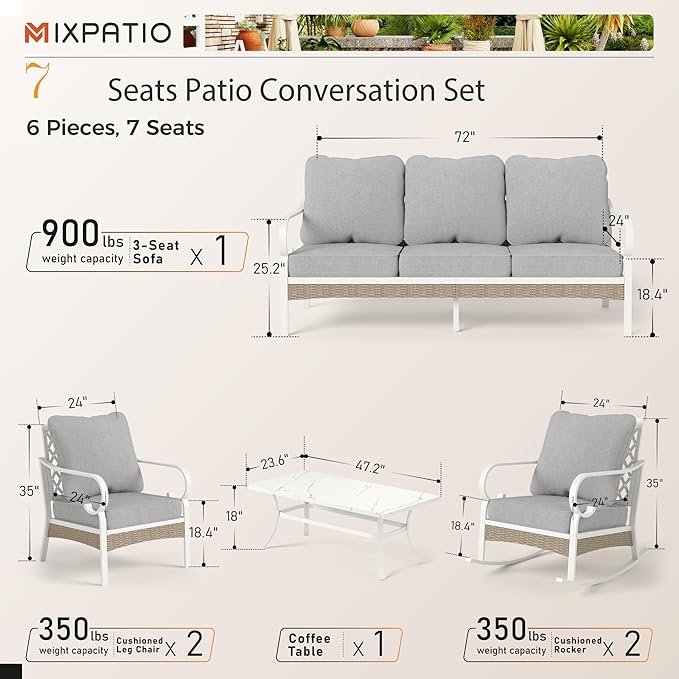 6 Piece Patio Furniture Set, 2 x Fixed Chair, 2 x Rocking Chair, 1 x 3-Seat Sofa with Marbling Coffee Table, 7 Seats Outdoor Conversation Set for Lawn Garden Backyard, Light Gray