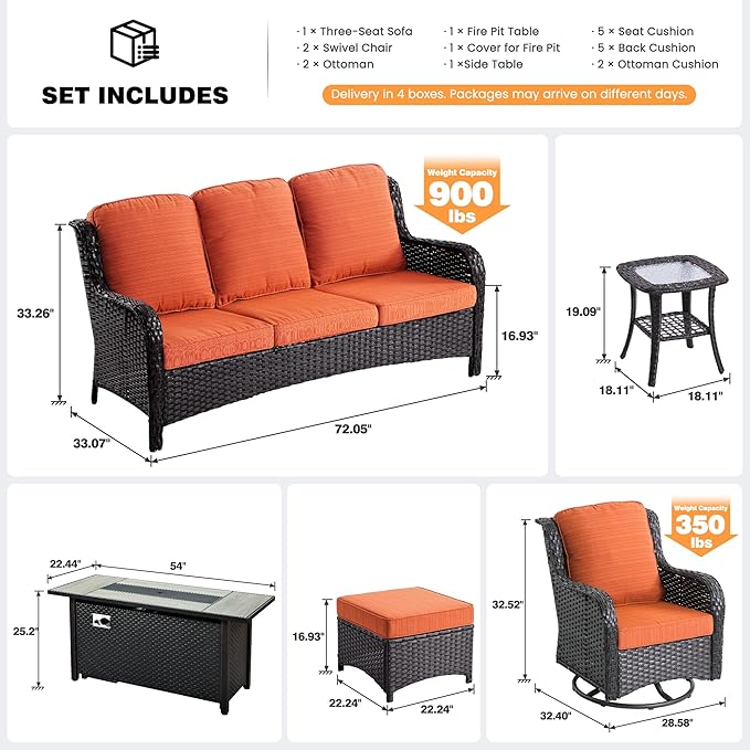ovios 7 Pieces Patio Furniture Set, Outdoor Wicker Sofa Couch with Swivel Chairs 54" Fire Pit Table, All Weather High Back Modern Conversation Sets, Brown Rattan, Orange Red