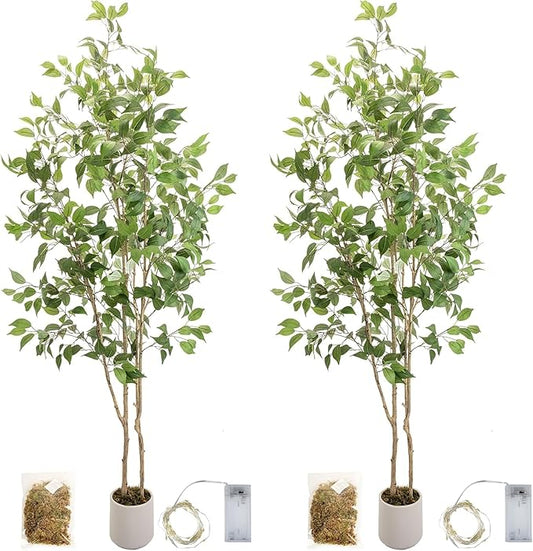Artificial Fake Ficus Tree 7FT Tall 2Pack with String Lights & White Planter & Free Moss, Artificial Plants Indoor, Artificial Trees for Home Decor Indoor, Faux Ficus Tree