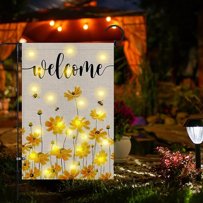 Spring Summer Floral Welcome Garden Flag with LED Lights, 12 x 18 Inch Double Sided Vertical Burlap Sunflower Bee Lighted Garden Flag for Seasonal Holiday Outdoor Yard Decoration