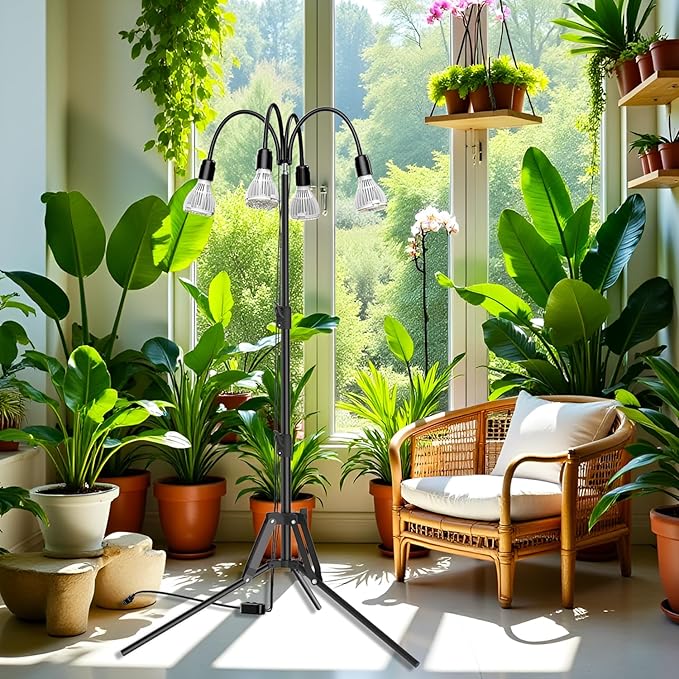 SANSI Grow Lights for Indoor Plants, 4 Head Dimmable Plant Lights for Indoor Growing, 35"-64" Adjustable Tripod Stand LED Grow Light Lamp with Remote Control 4 Pack of Par20 10W Bulbs