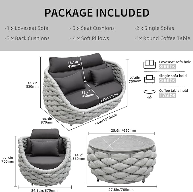 TWT Patio Furniture Set 4 Pieces Aluminum Outdoor Furniture w/27.8in Coffee Table,Patio Conversation Set with Hand Woven Polyester Rope for Backyard Garden Poolside,Gray