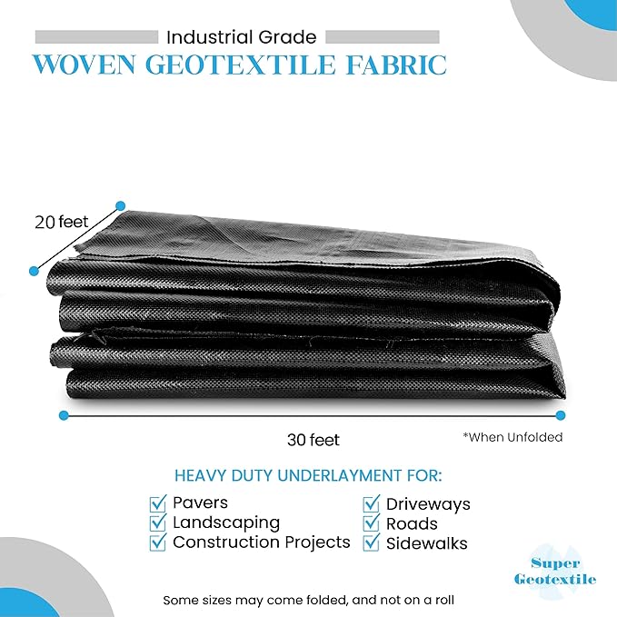 Woven Geotextile Fabric for Driveway and Road Stabilization, Construction Underlayment, Erosion Control, Commercial Grade 50 Year for Gravel Roads and Pavers (20x30) Ships Folded