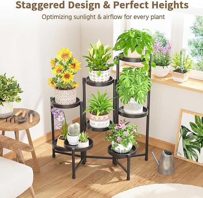 LASZOLA 8 Tiered Folding Plant Stand Indoor for Multiple Large Planter, Tall Heavy Duty Adjustable Rack with Rust Proof 10 Inch Wide Tray, Sturdy Vertical Tree Organizer for Narrow Inside Floor, Black
