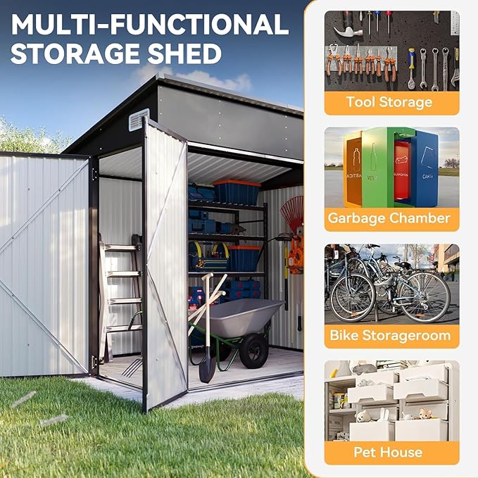 Aoxun 7.5'x4' Triple Door Shed Outdoor Storage Shed with Three Lockable Door for Easily Accessing Metal Storage Cabinet with Slopping Roof for Tools Bicycles Storage for Garden, Backyards (Black)