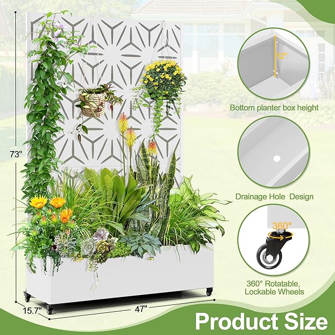 Raised Garden Bed with Trellis and Wheels,73"x47"x16" Metal Raised Garden Bed,White Star Metal Planter with Climbing Trellis for Vines & Vegetables