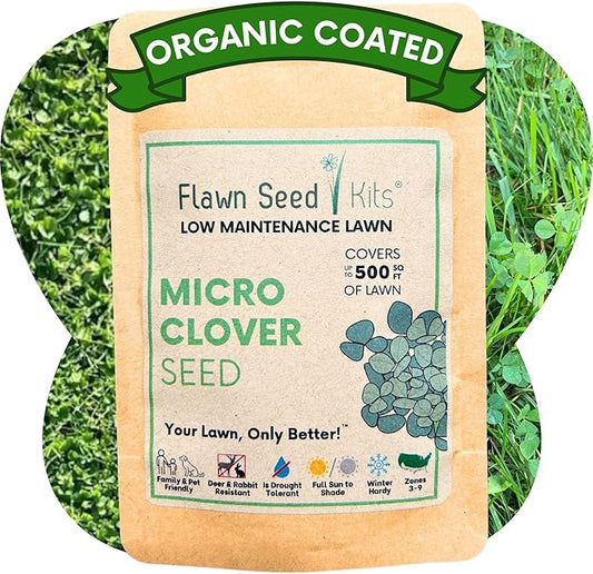 Flawn Seed Kits 2.2 oz Micro Clover Seed, Organic Coated, Eco-Friendly, Low Growing, Low Maintenance, Lawn Alternative, Compostable Pouch, Over-Seed up to 500 Sqft